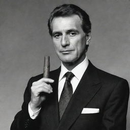 A man from the 1980s, dressed elegantly in a black suit, holding a premium cigar in his hand.