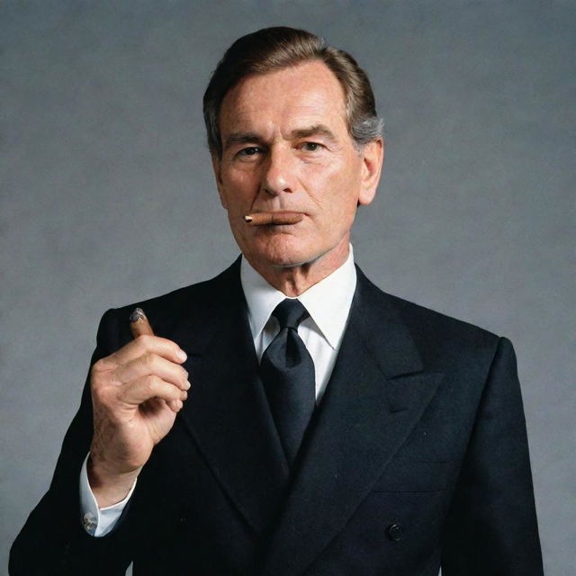 A man from the 1980s, dressed elegantly in a black suit, holding a premium cigar in his hand.