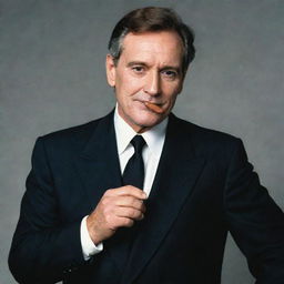 A man from the 1980s, dressed elegantly in a black suit, holding a premium cigar in his hand.