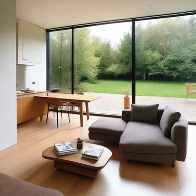 The architect designed a modern house with wheeled furniture for easy rearrangement.