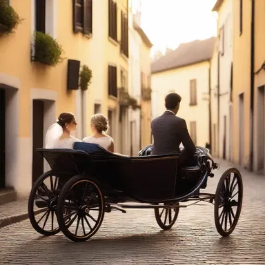 As the sun set, the couple rode a wheeled carriage along the cobblestone streets, enjoying a romantic evening together.