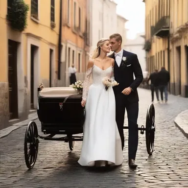 As the sun set, the couple rode a wheeled carriage along the cobblestone streets, enjoying a romantic evening together.