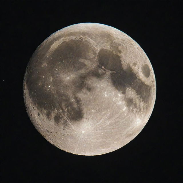 A picturesque image of the moon in all its majestic glory. Show it at its fullest, shining with a luminous glow against a backdrop of a star-studded night sky.