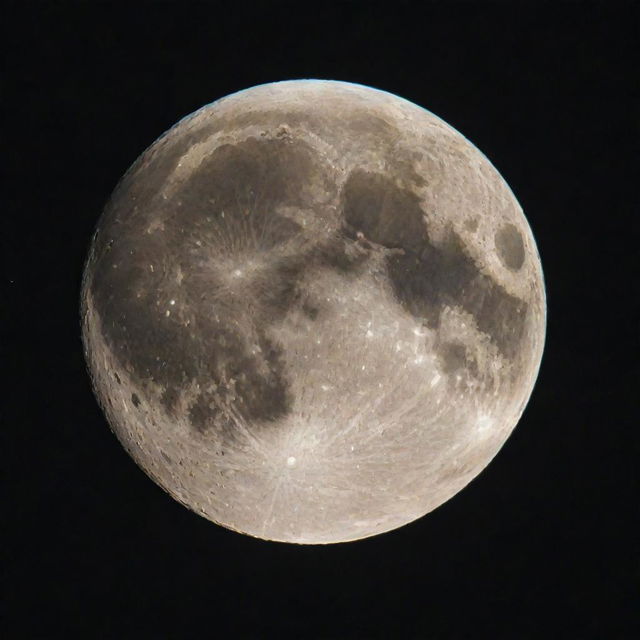 A picturesque image of the moon in all its majestic glory. Show it at its fullest, shining with a luminous glow against a backdrop of a star-studded night sky.