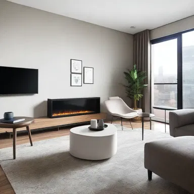 The liv room is designed with a modern minimalist aesthetic, featuring sleek furniture and clean lines.