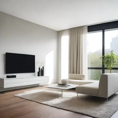 The liv room is designed with a modern minimalist aesthetic, featuring sleek furniture and clean lines.