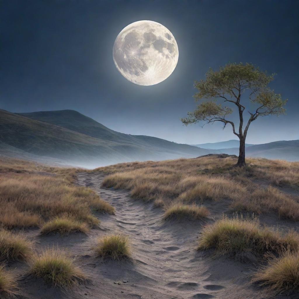 An enchanting moonscape where the full moon commands the sky. It casts a magical light over an ethereal landscape with tranquillity and mystery.