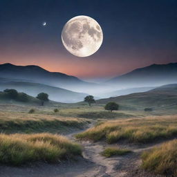 An enchanting moonscape where the full moon commands the sky. It casts a magical light over an ethereal landscape with tranquillity and mystery.