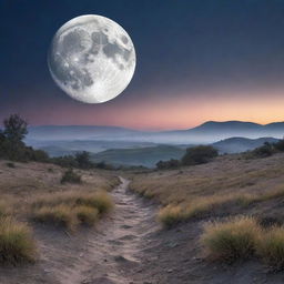 An enchanting moonscape where the full moon commands the sky. It casts a magical light over an ethereal landscape with tranquillity and mystery.