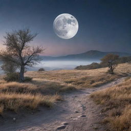 An enchanting moonscape where the full moon commands the sky. It casts a magical light over an ethereal landscape with tranquillity and mystery.