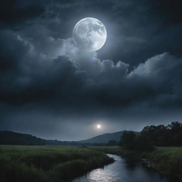 A dramatic depiction of the moon radiating bright, opalescent light through wisps of midnight clouds, casting a beautiful glow over a darkened, peaceful landscape.