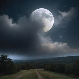 A dramatic depiction of the moon radiating bright, opalescent light through wisps of midnight clouds, casting a beautiful glow over a darkened, peaceful landscape.