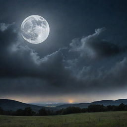 A dramatic depiction of the moon radiating bright, opalescent light through wisps of midnight clouds, casting a beautiful glow over a darkened, peaceful landscape.