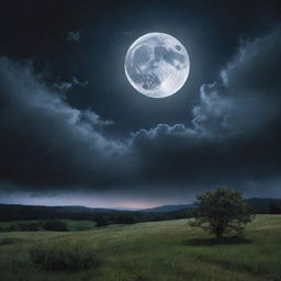 A dramatic depiction of the moon radiating bright, opalescent light through wisps of midnight clouds, casting a beautiful glow over a darkened, peaceful landscape.