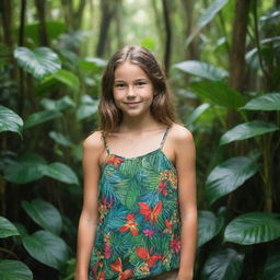 A confident girl posing in a vibrant jungle setting, surrounded by lush green vegetation and exotic wildlife.