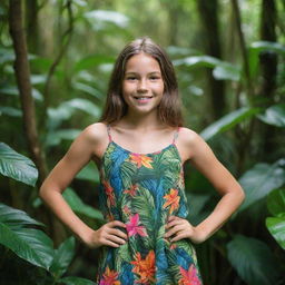 A confident girl posing in a vibrant jungle setting, surrounded by lush green vegetation and exotic wildlife.