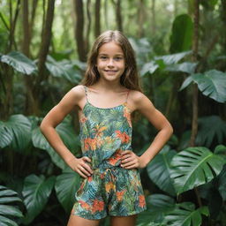 A confident girl posing in a vibrant jungle setting, surrounded by lush green vegetation and exotic wildlife.