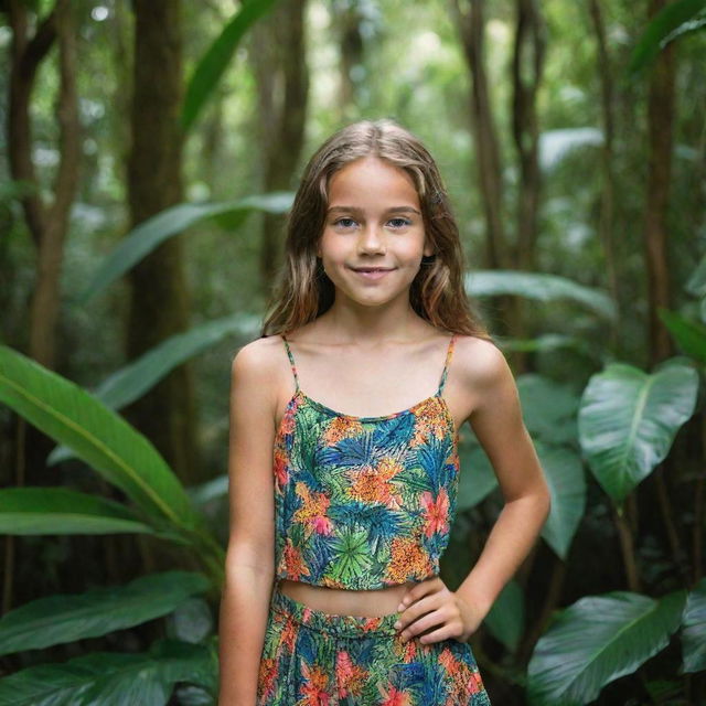 A confident girl posing in a vibrant jungle setting, surrounded by lush green vegetation and exotic wildlife.