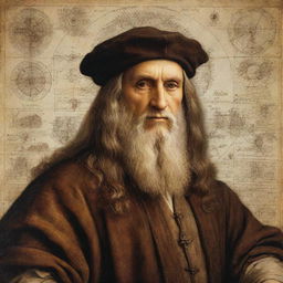 A masterful portrait of Leonardo da Vinci in Renaissance attire, with a background of his iconic sketches and inventions.