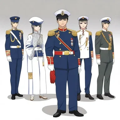 In the anime series, the characters wear elaborate dress uniforms during formal military ceremonies.