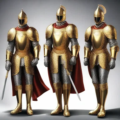 In the fantasy novel, the elite knights are depicted wearing majestic dress uniforms made of shimmering golden fabric.