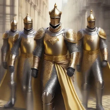 In the fantasy novel, the elite knights are depicted wearing majestic dress uniforms made of shimmering golden fabric.