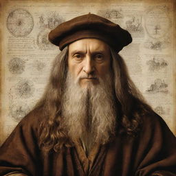 A masterful portrait of Leonardo da Vinci in Renaissance attire, with a background of his iconic sketches and inventions.