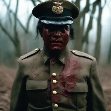 In the horror movie, the antagonist is a haunted soldier who appears in a tattered and bloody dress uniform.