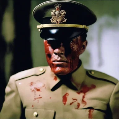 In the horror movie, the antagonist is a haunted soldier who appears in a tattered and bloody dress uniform.