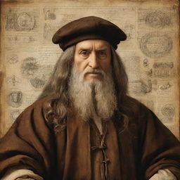 A masterful portrait of Leonardo da Vinci in Renaissance attire, with a background of his iconic sketches and inventions.