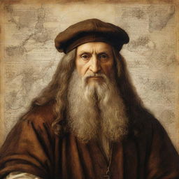 A masterful portrait of Leonardo da Vinci in Renaissance attire, with a background of his iconic sketches and inventions.