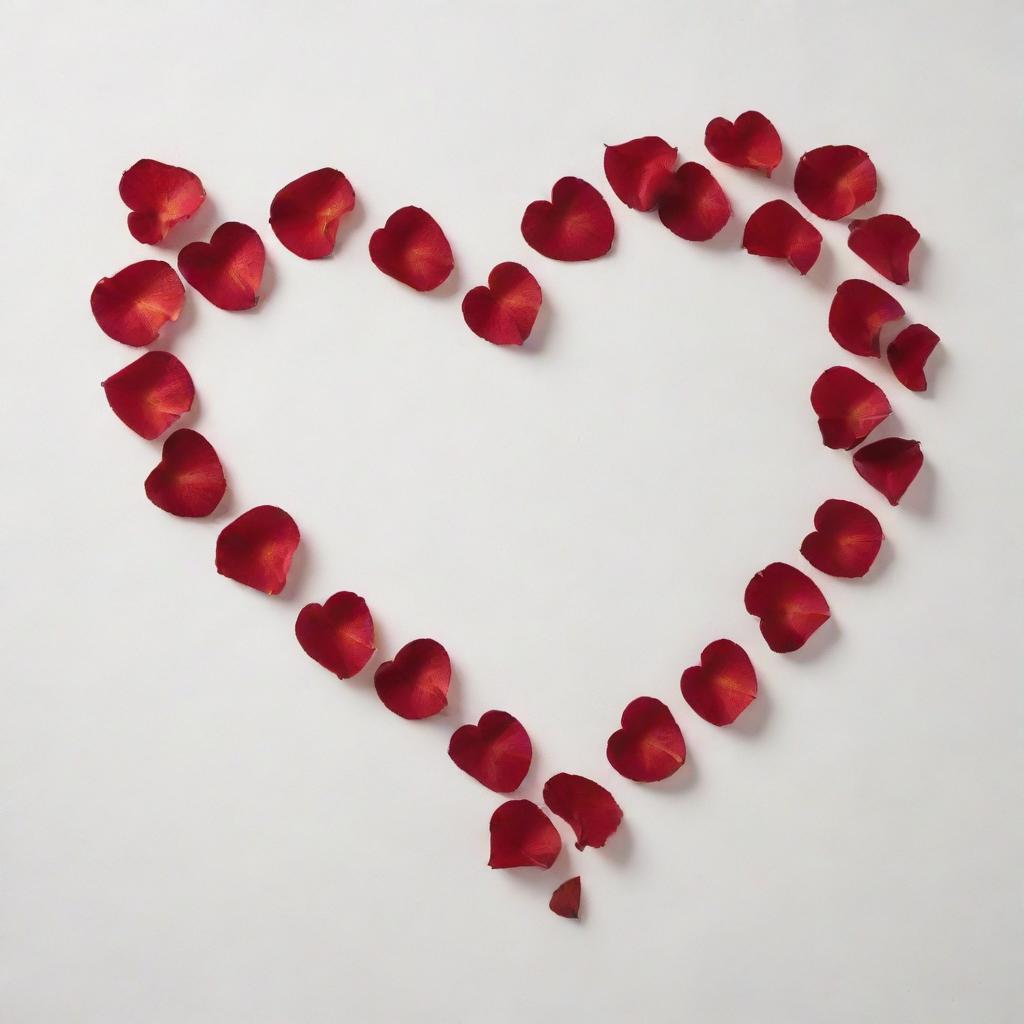 Heart-shape made out of delicate red rose petals on a white canvas, radiating a feeling of warmth and affection.