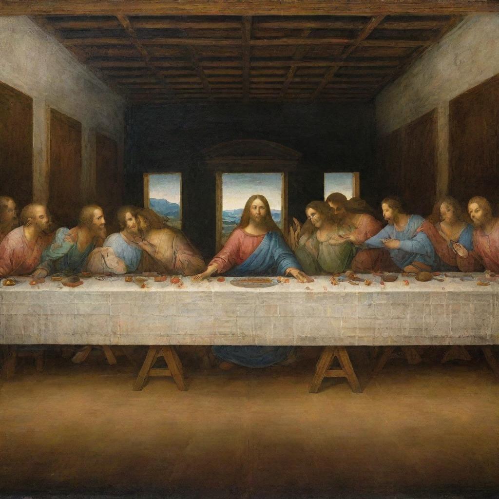 The Last Supper as painted by Leonardo da Vinci, with Jesus and his disciples seated at a long table, illuminated by soft, atmospheric light.