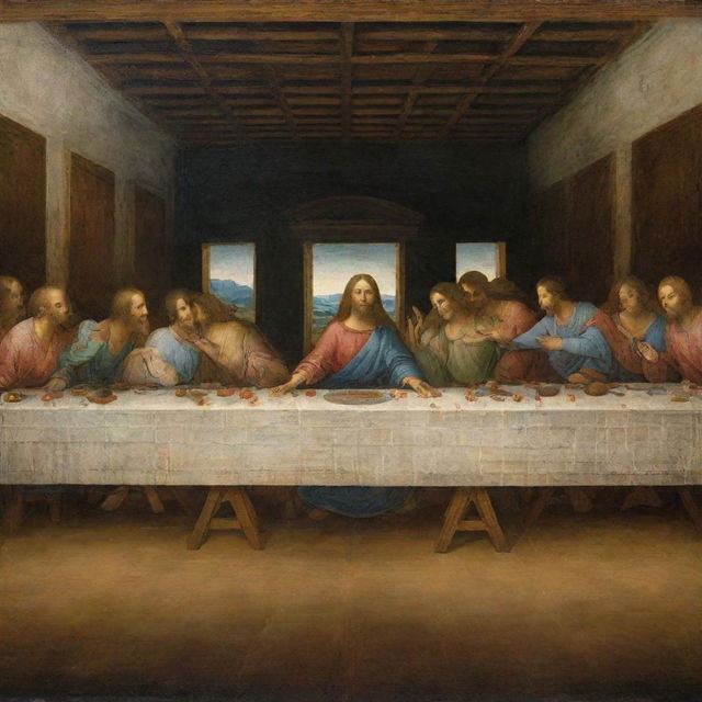 The Last Supper as painted by Leonardo da Vinci, with Jesus and his disciples seated at a long table, illuminated by soft, atmospheric light.