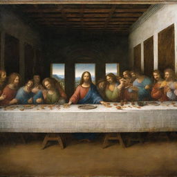 The Last Supper as painted by Leonardo da Vinci, with Jesus and his disciples seated at a long table, illuminated by soft, atmospheric light.