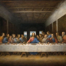 The Last Supper as painted by Leonardo da Vinci, with Jesus and his disciples seated at a long table, illuminated by soft, atmospheric light.