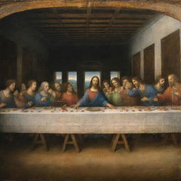 The Last Supper as painted by Leonardo da Vinci, with Jesus and his disciples seated at a long table, illuminated by soft, atmospheric light.