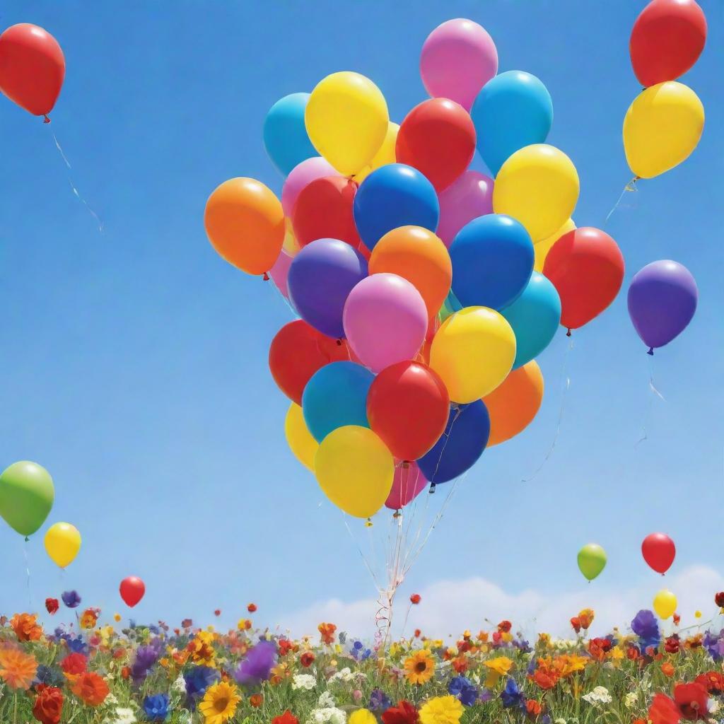 A visual representation of pure happiness, with vivid colors and the elements that symbolize joy, such as balloons, blossoming flowers, and a bright sun in a clear sky.