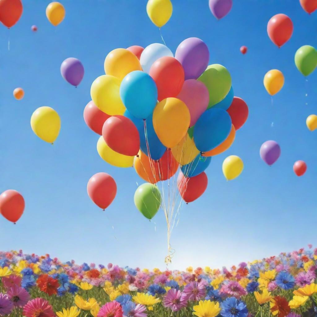 A visual representation of pure happiness, with vivid colors and the elements that symbolize joy, such as balloons, blossoming flowers, and a bright sun in a clear sky.