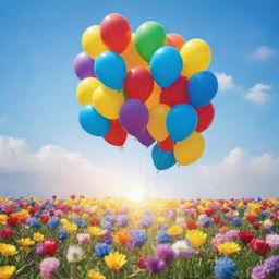 A visual representation of pure happiness, with vivid colors and the elements that symbolize joy, such as balloons, blossoming flowers, and a bright sun in a clear sky.