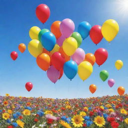 A visual representation of pure happiness, with vivid colors and the elements that symbolize joy, such as balloons, blossoming flowers, and a bright sun in a clear sky.