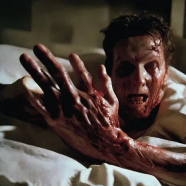The horror movie depicted a terrifying scene where the protagonist's hand was caught in a device that caused severe rubbing against his skin.