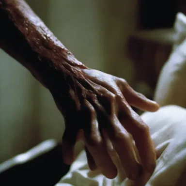 The horror movie depicted a terrifying scene where the protagonist's hand was caught in a device that caused severe rubbing against his skin.
