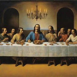 Salvador Dali's interpretation of The Last Supper, featuring surreal elements characteristic of Dali's style while retaining the scene of Jesus and his disciples at dinner.