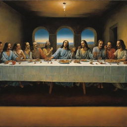 Salvador Dali's interpretation of The Last Supper, featuring surreal elements characteristic of Dali's style while retaining the scene of Jesus and his disciples at dinner.