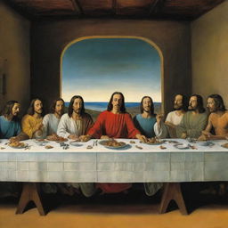 Salvador Dali's interpretation of The Last Supper, featuring surreal elements characteristic of Dali's style while retaining the scene of Jesus and his disciples at dinner.