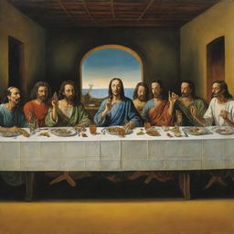 Salvador Dali's interpretation of The Last Supper, featuring surreal elements characteristic of Dali's style while retaining the scene of Jesus and his disciples at dinner.