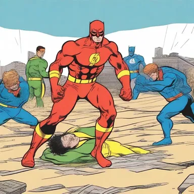 The comic book panel showed the superhero landing squarely on the ground after a lengthy battle.