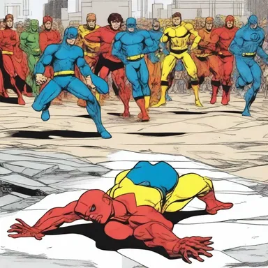The comic book panel showed the superhero landing squarely on the ground after a lengthy battle.