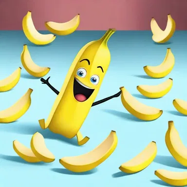 The character stepped square onto the banana peel and slipped, causing everyone to burst into laughter.